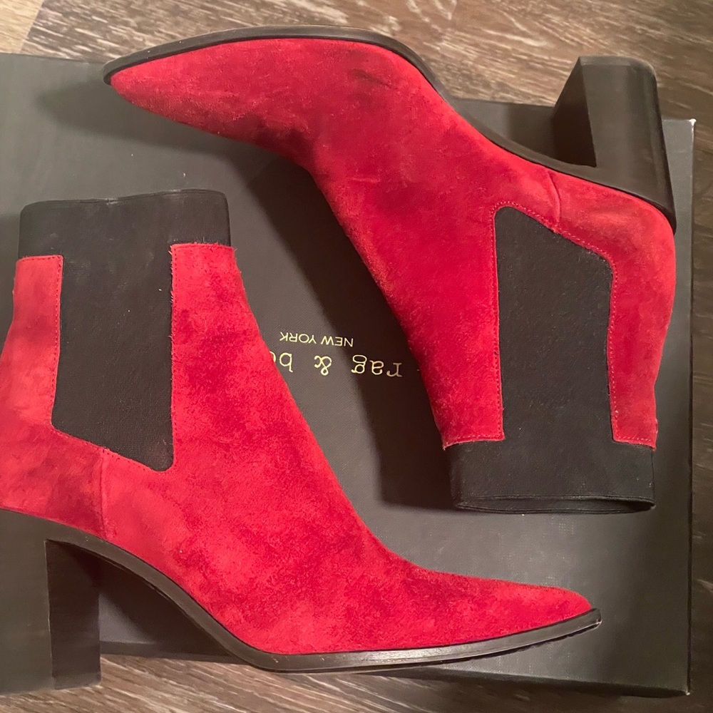 rag & bone Red Suede Pointed Chelsea Booties with Black Elastic - Picture 2 of 4